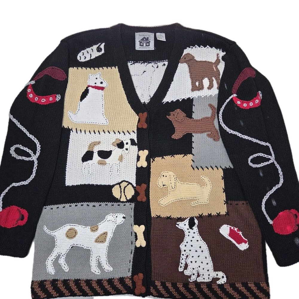 Vintage 90s Storybook Knits Womens Blue Playful Dogs Cardigan Sweater Size 1X
